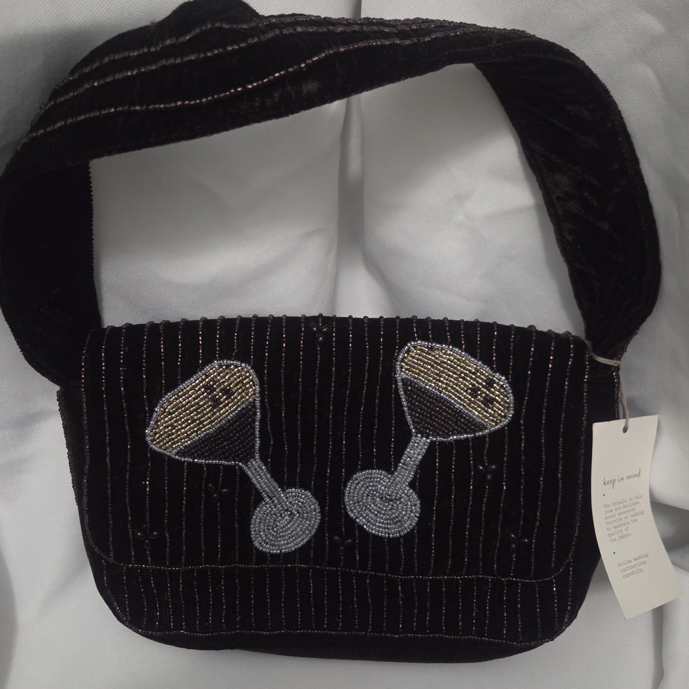 Elegant Brown Velvet Bag with Beaded Design
